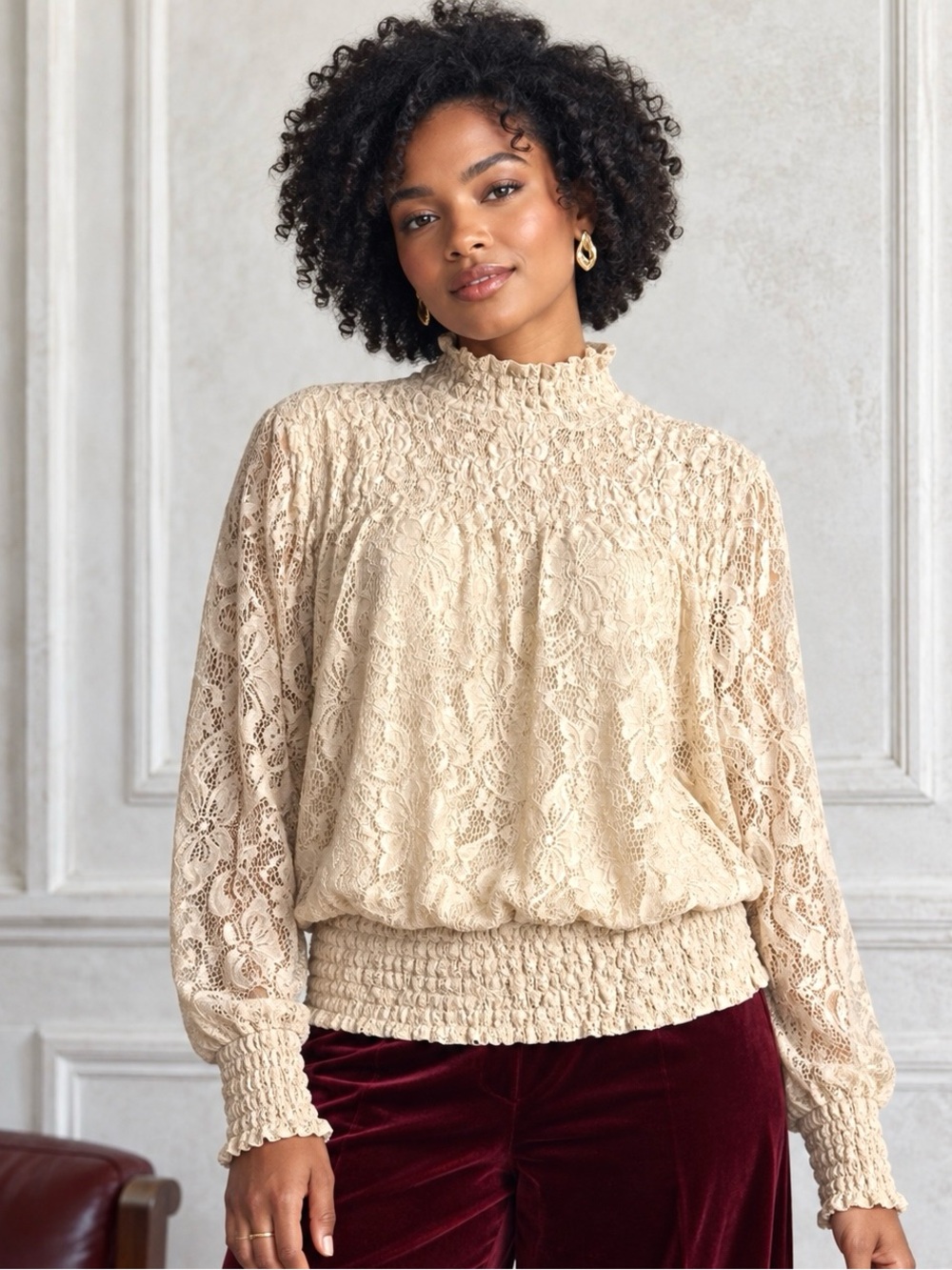 NWT Ecru Floral Lace Smocked Blouson Blouse Romantic Prairie XL